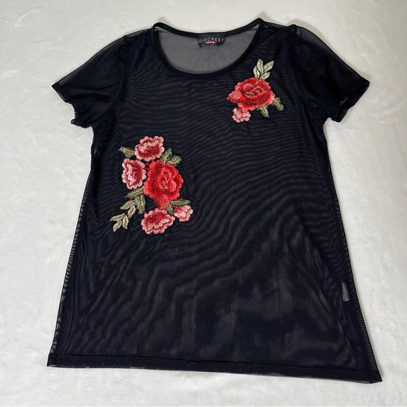 DISCREET Juniors Sheer Top Short Sleeve Applique Black Size Large - Picture 5 of 8